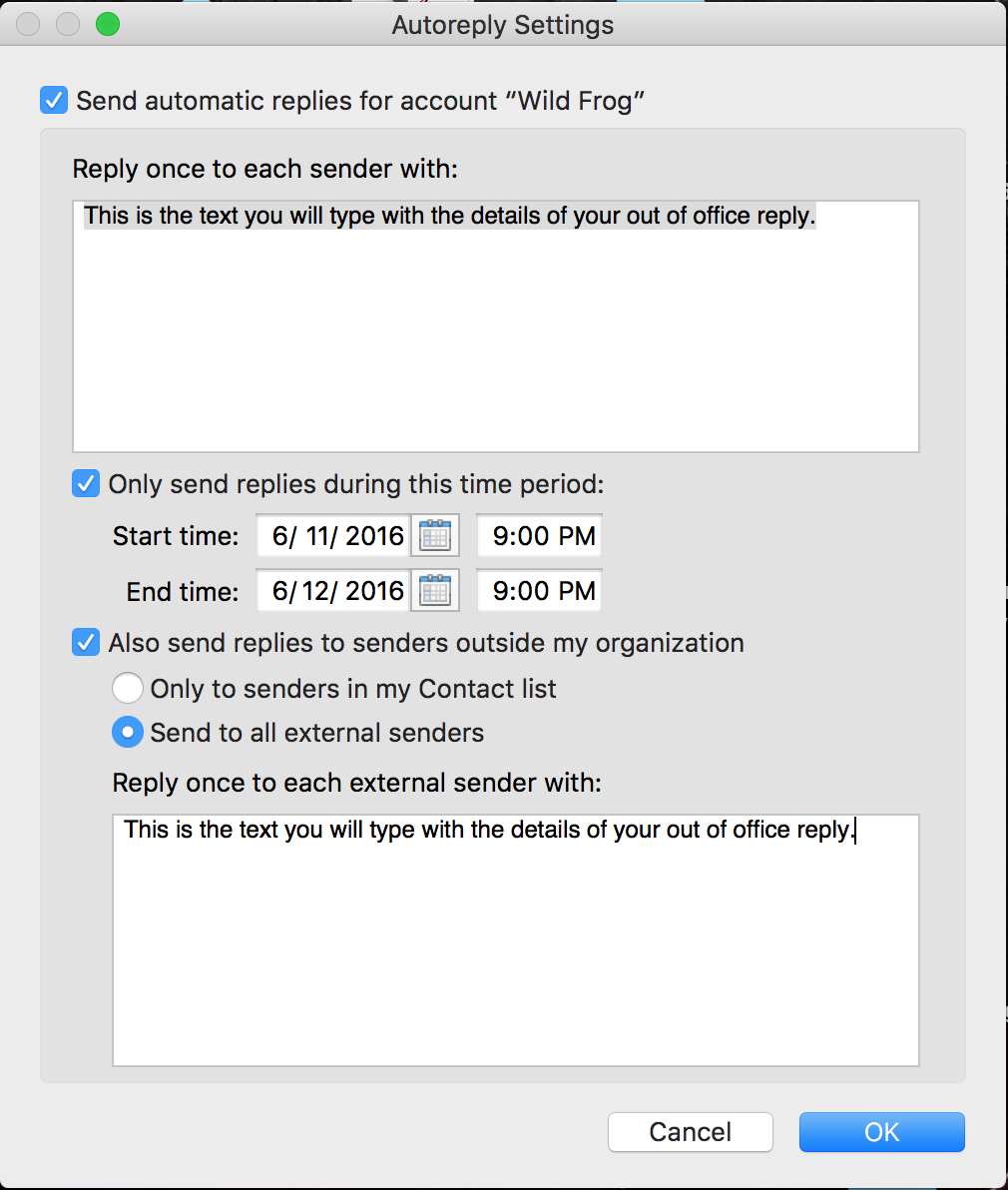 set out of office in outlook 2016 for mac